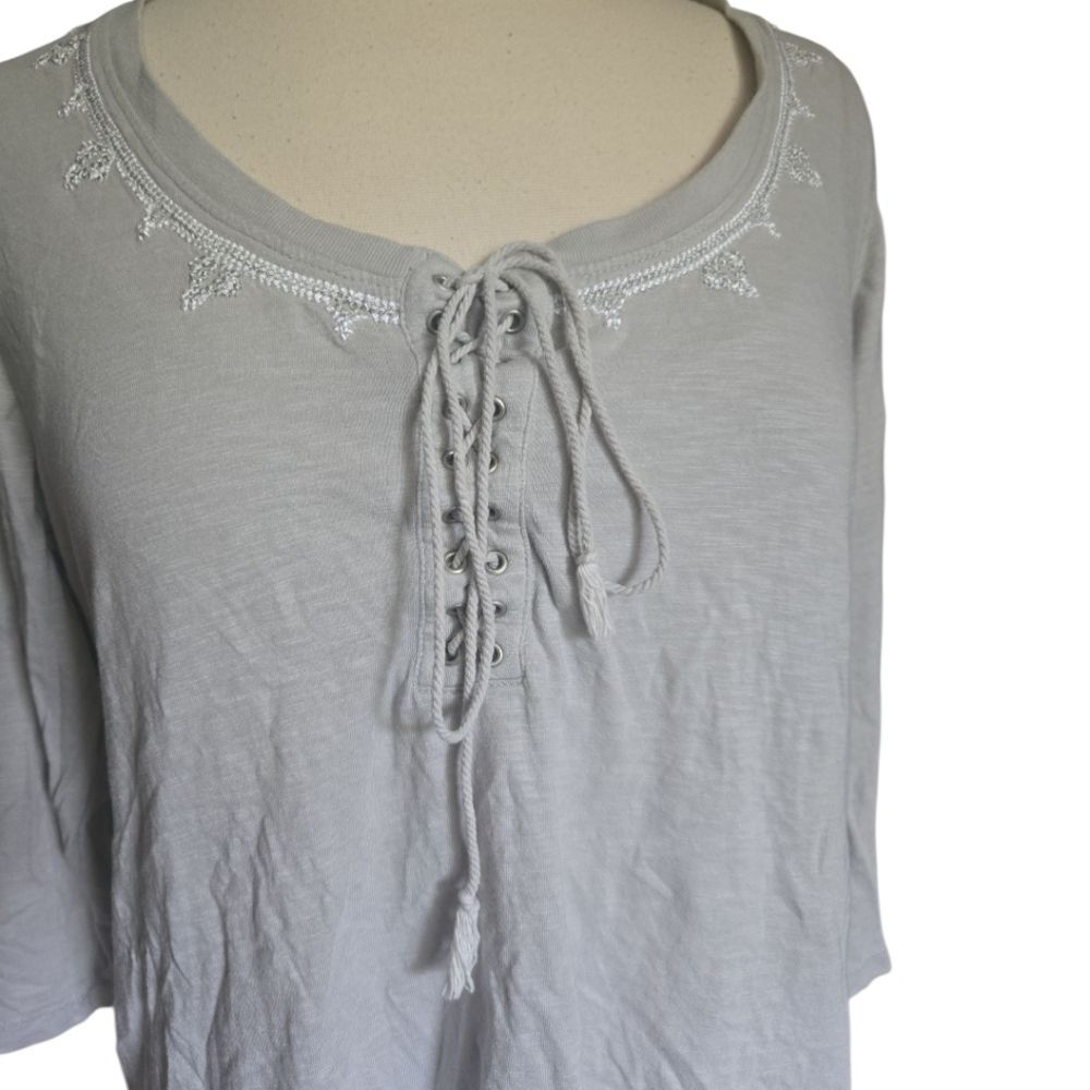 Cotton Lace-Up Top with Embroidered Neckline -L
